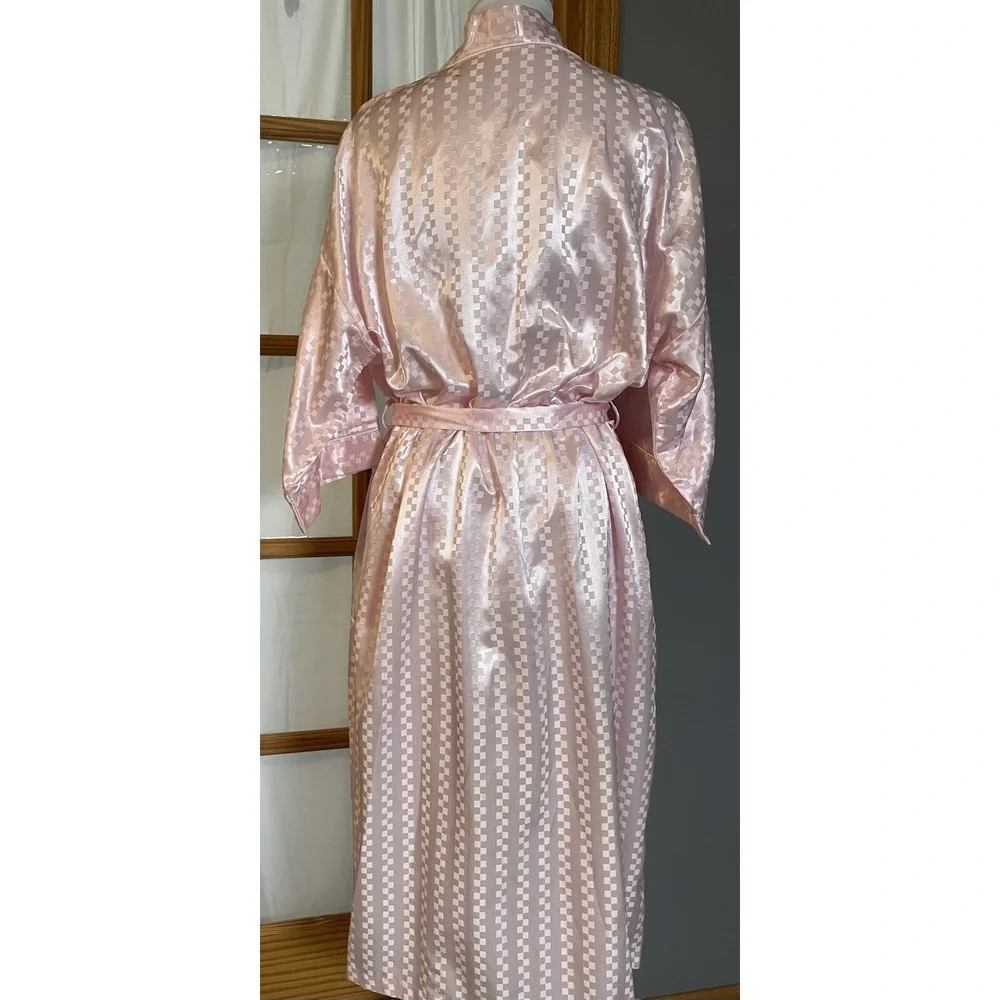 Vtg Lord & Taylor Kimono Long Robe Women's Intimate Sz M Pink Satin Check Pocket